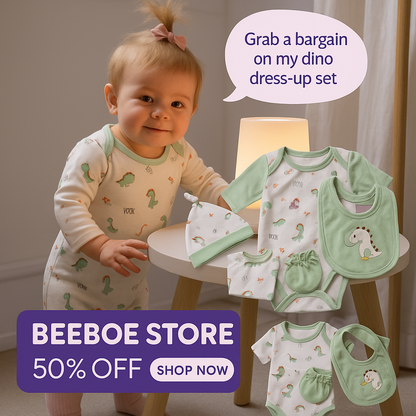 Dinosaur-Themed Baby Outfit Set with Bib, Mittens, and Cap