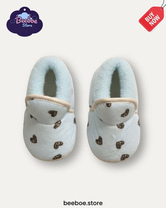 Soft Blue Heart Print Baby Booties, Warm & Snug Fit