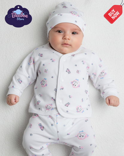 Smiling Lion Newborn Clothing Set – 5-Piece White Cotton Outfit