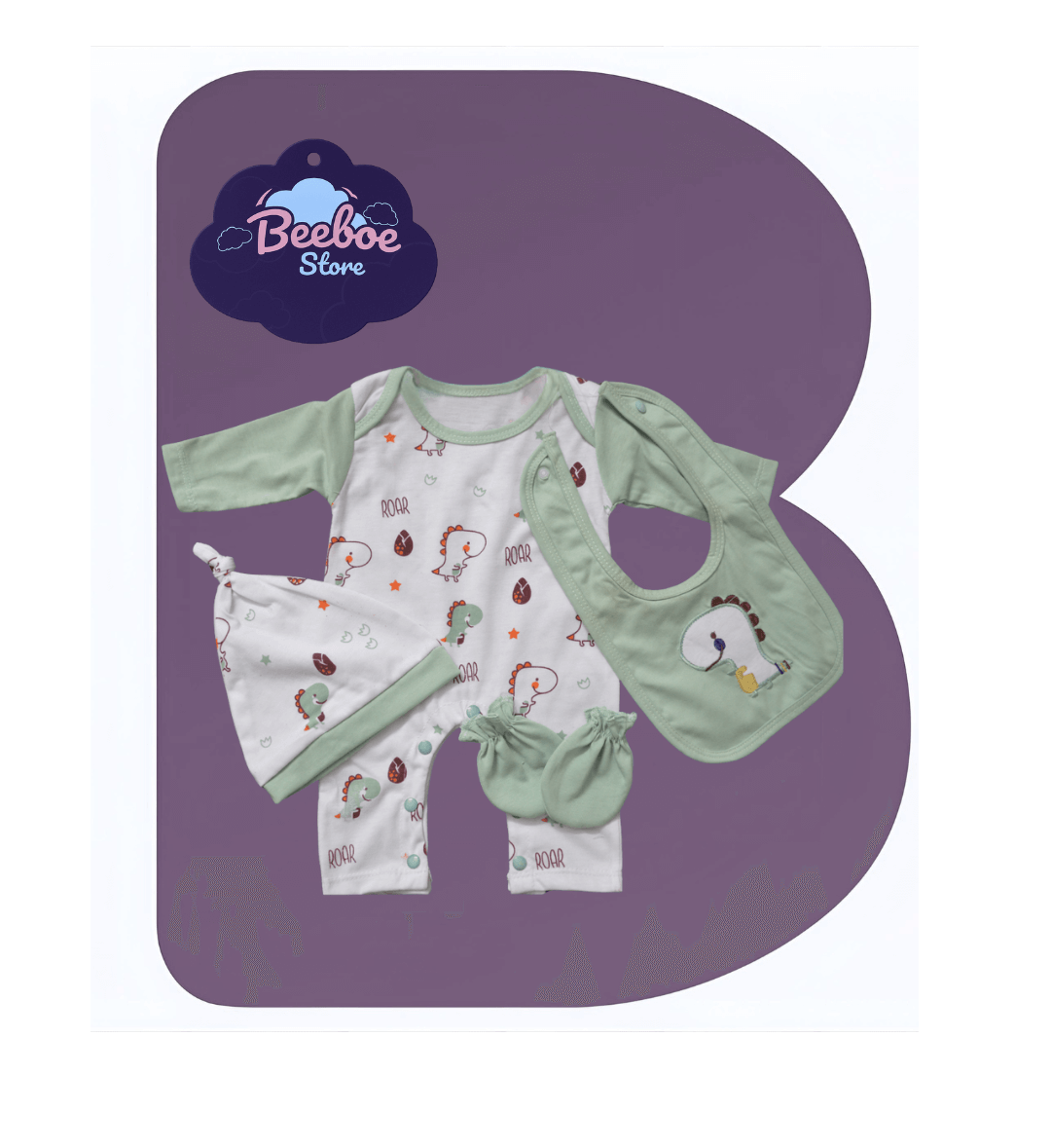 Dinosaur-Themed Baby Outfit Set with Bib, Mittens, and Cap