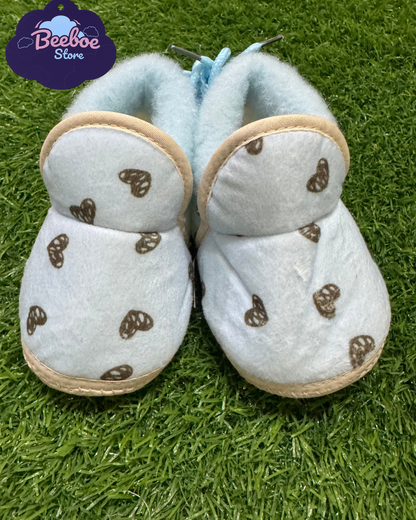 Soft Blue Heart Print Baby Booties – Warm & Snug Fit