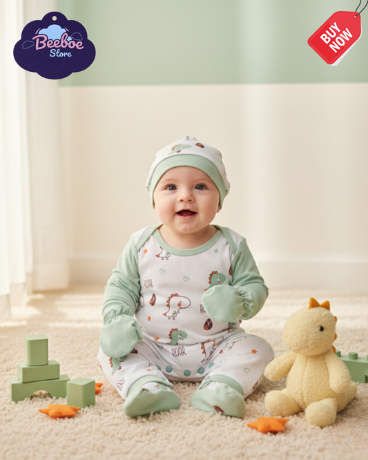 Dinosaur-Themed Baby Outfit Set with Bib, Mittens, and Cap