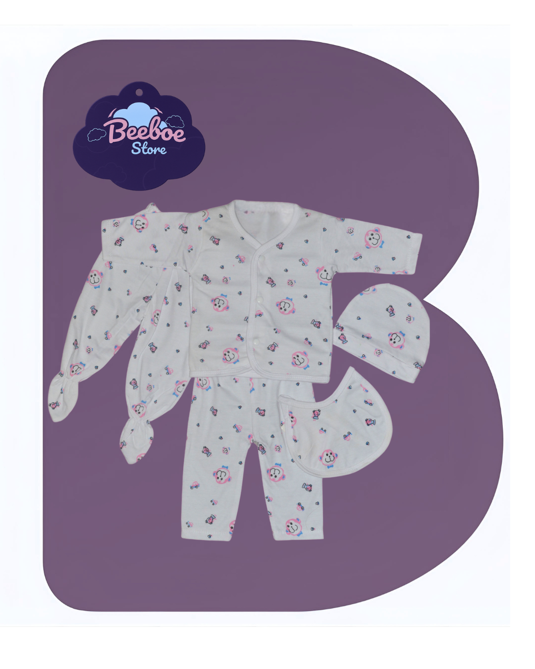 Smiling Lion Newborn Clothing Set – 5-Piece White Cotton Outfit