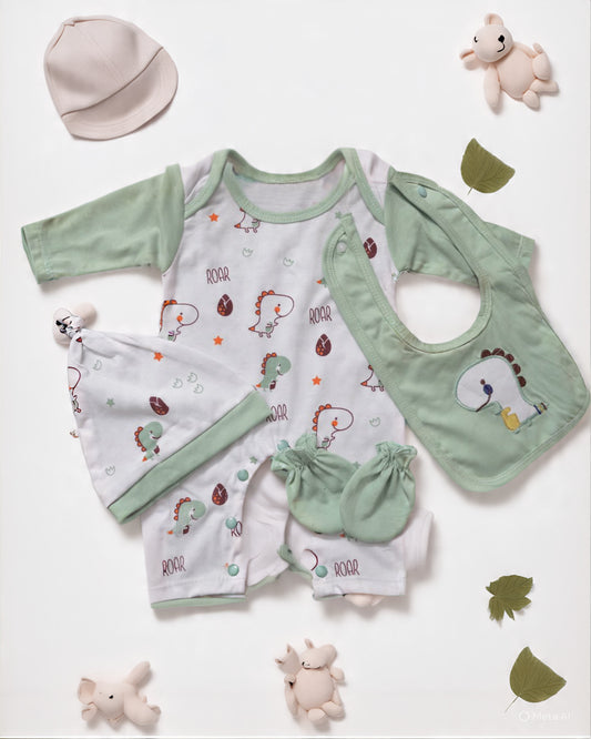 Dinosaur-Themed Baby Outfit Set with Bib, Mittens, and Cap